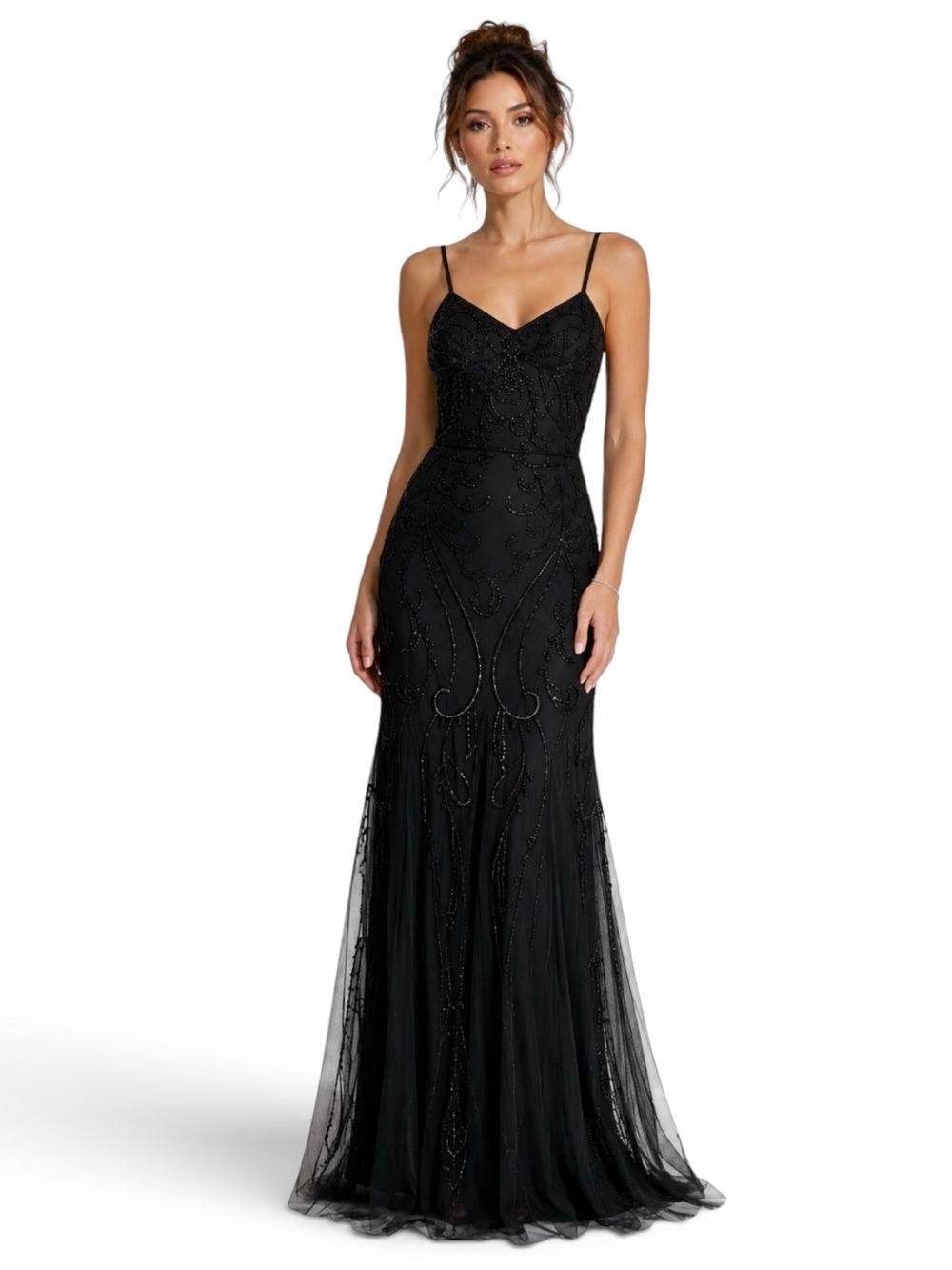 Adrianna Papell Platinum Black Beaded Maxi Dress Gown‎ 2 0 Cutout Formal Godet